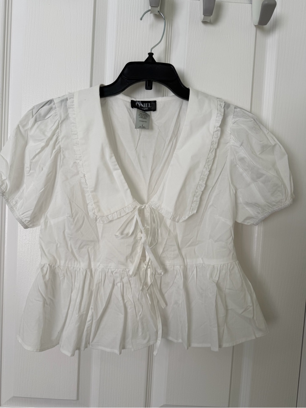 VANIEL White Cotton Peplum Puff-Sleeve Tie-Front Blouse